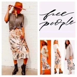 Free People Tan and Orange Ruffled Pencil Midi Skirt